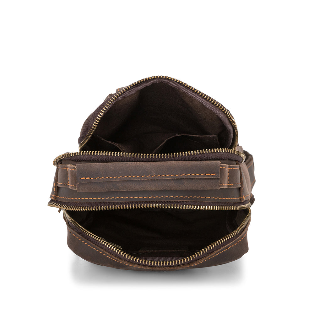Dark brown men's sling backpack, strap detail