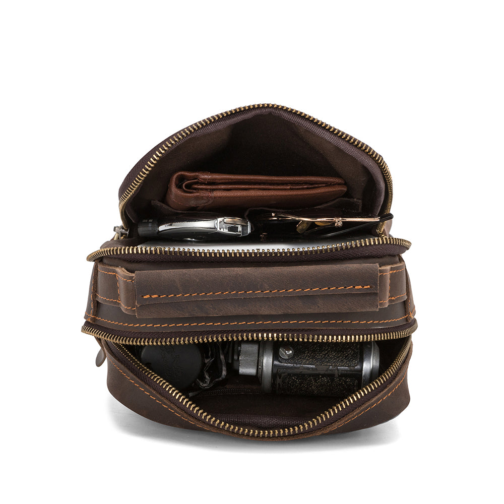 Dark brown men's sling backpack, another angle