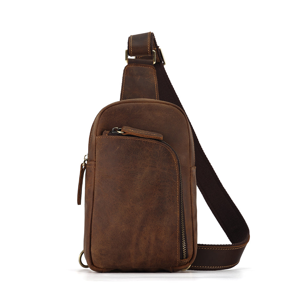 Brown men's sling chest bag, leather grain