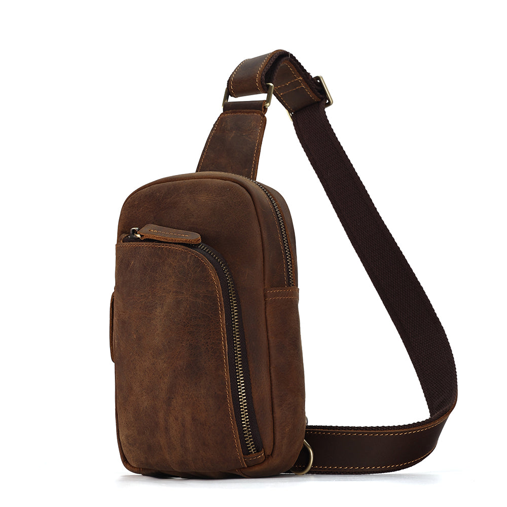 Brown men's sling chest bag, flat lay