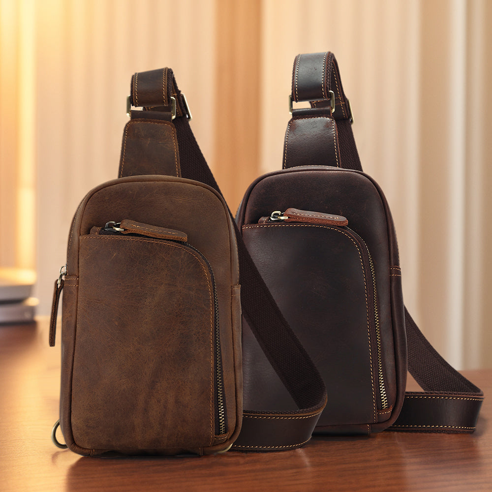 Brown men's sling chest bag, top view