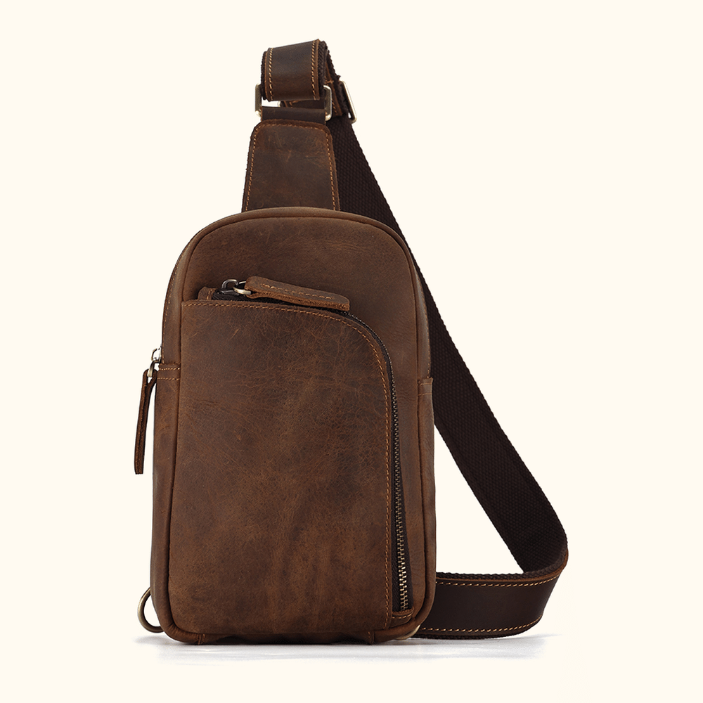 Vintage brown men's leather sling chest bag
