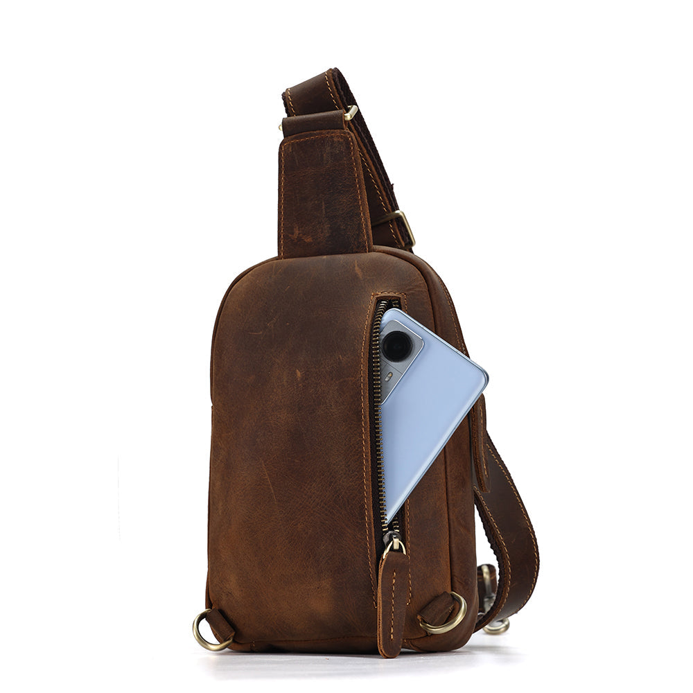 Brown men's sling chest bag, side view