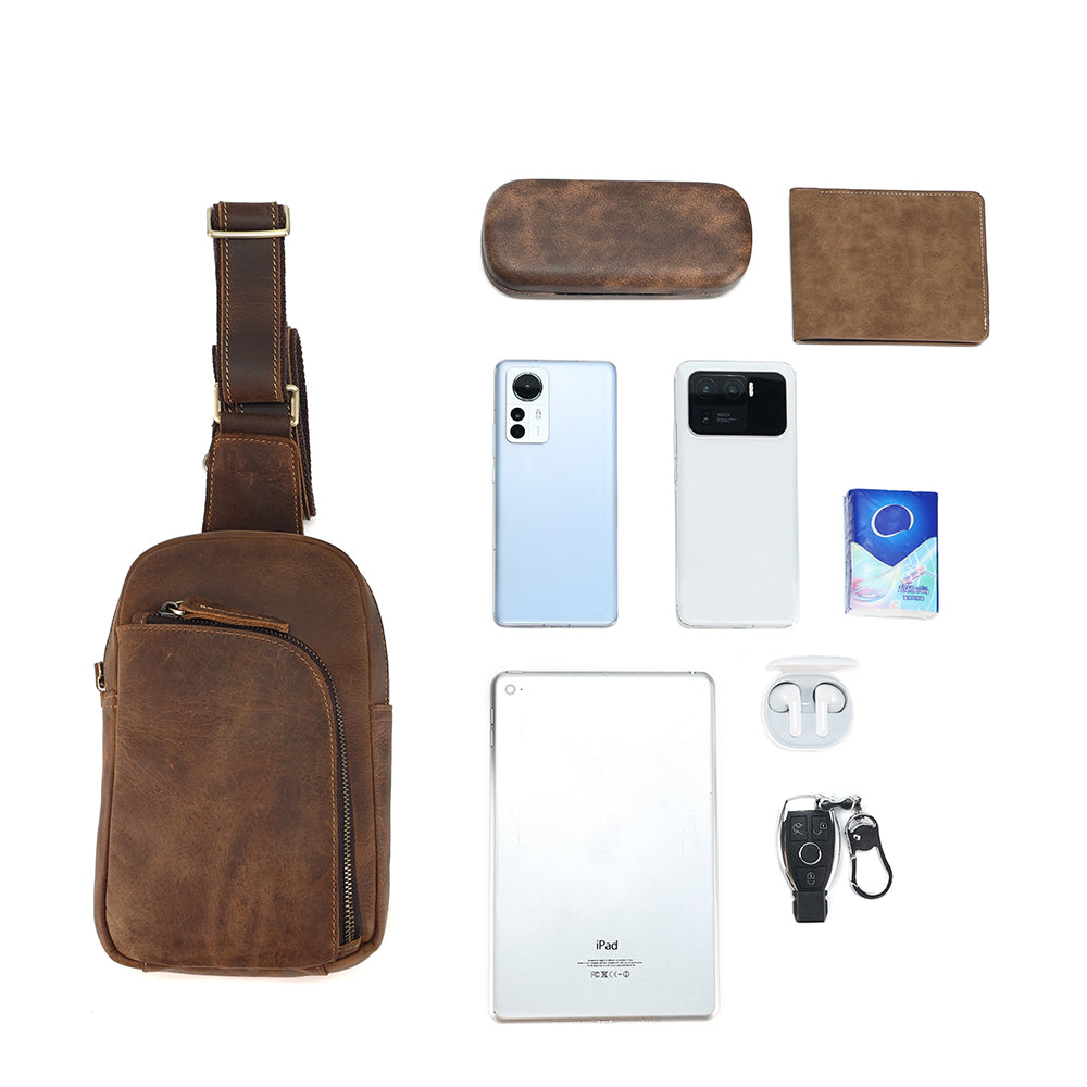 Brown men's sling chest bag, front pocket detail