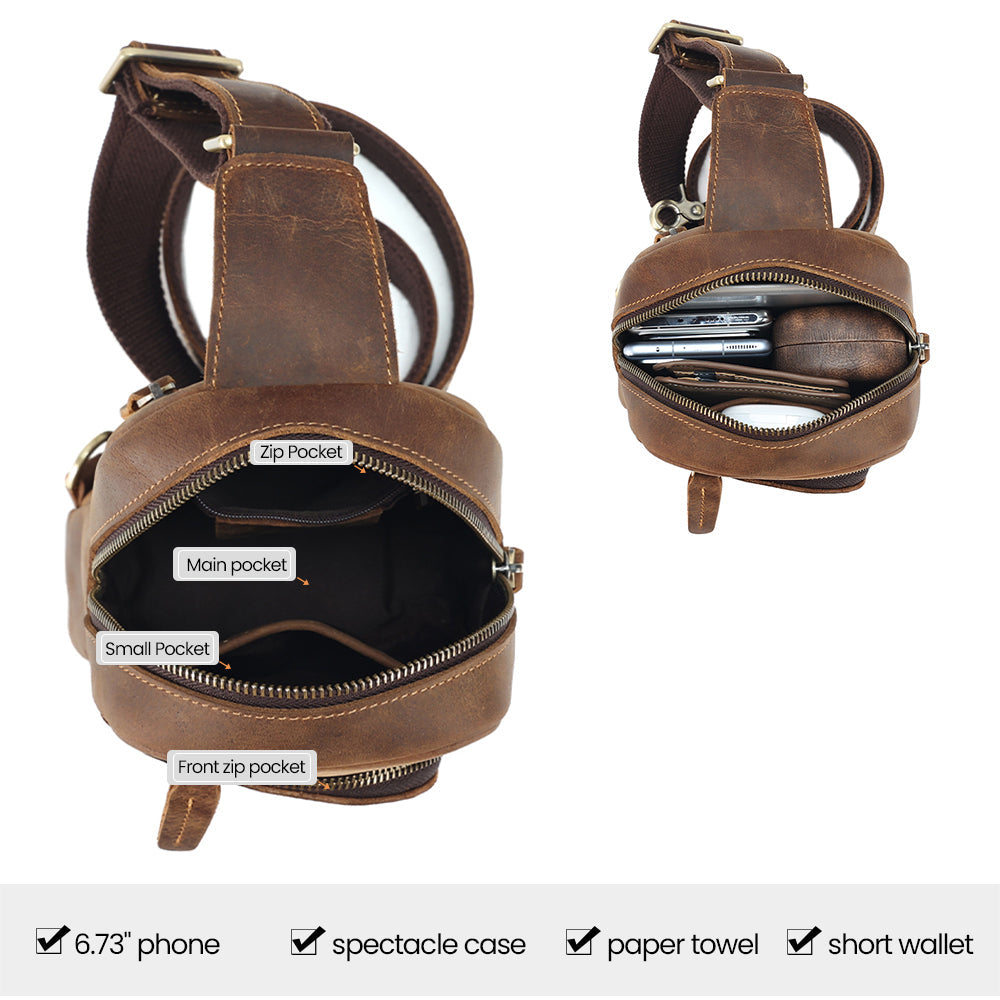 Brown men's sling chest bag, interior view