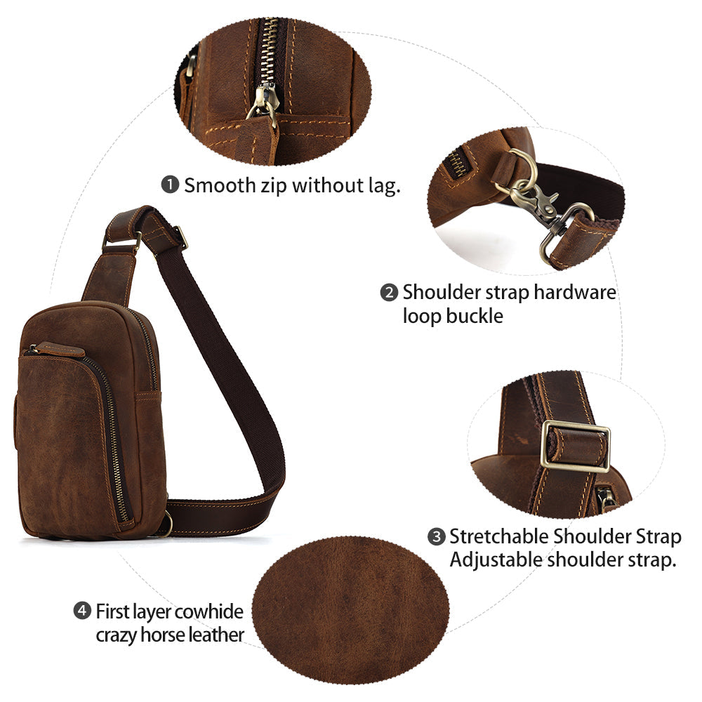 Brown men's sling chest bag, hardware detail