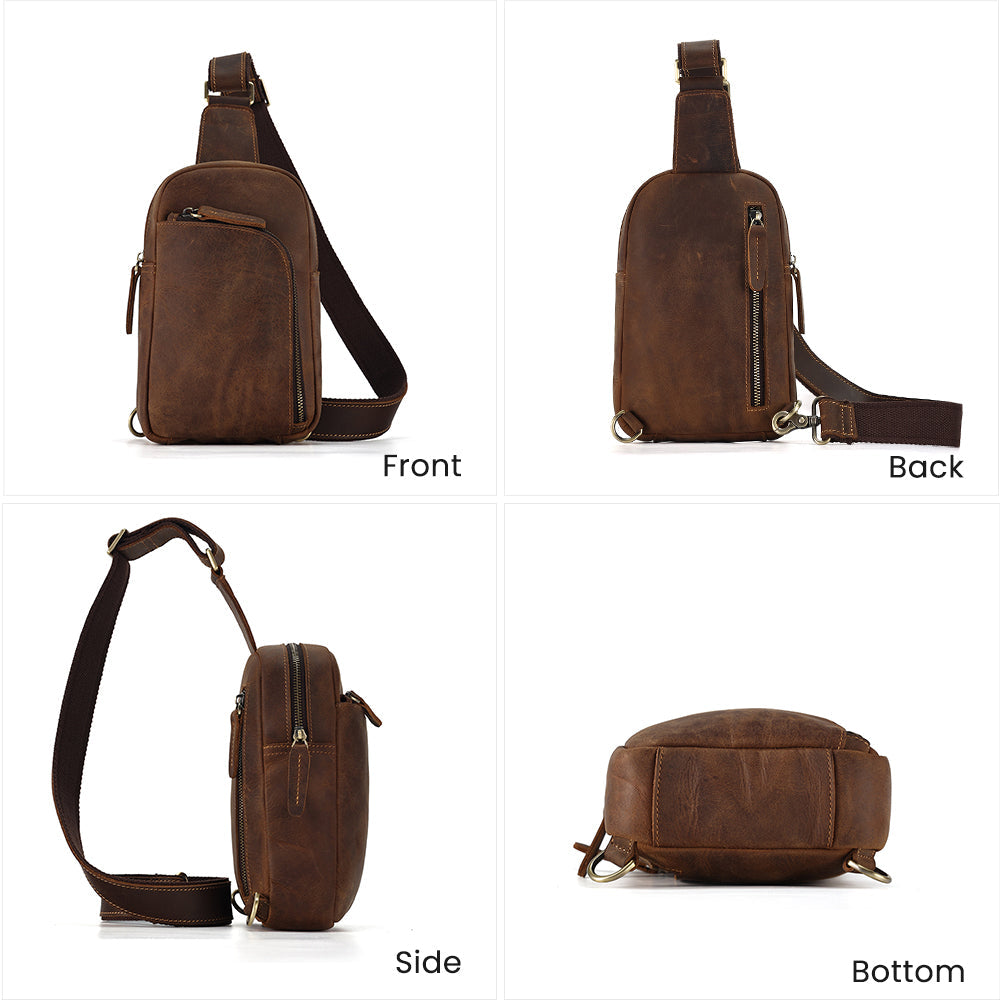 Brown men's sling chest bag, back view