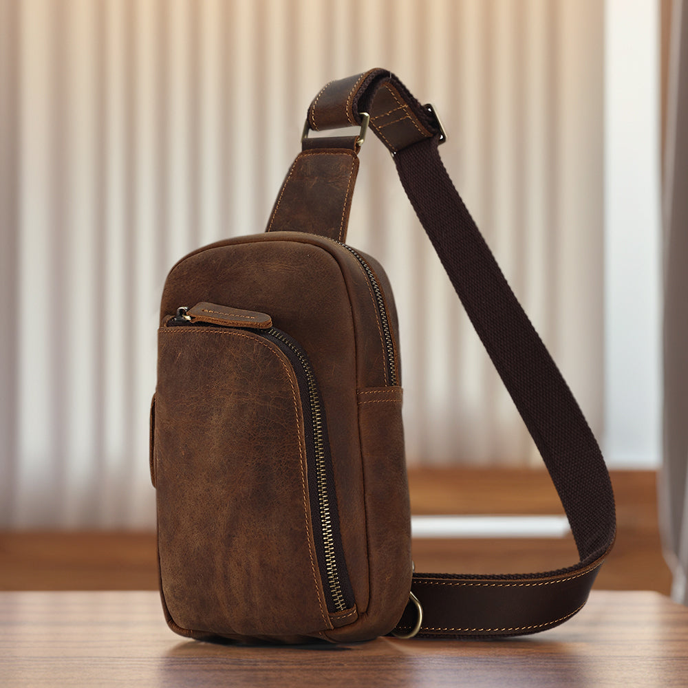 Brown men's sling chest bag, another angle