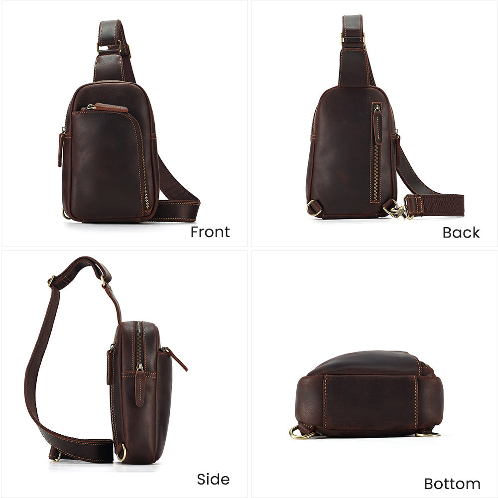 Dark brown men's sling chest bag, interior view
