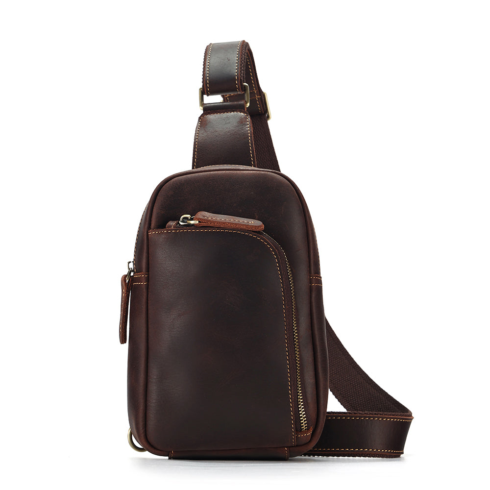 Dark brown men's sling chest bag, another angle