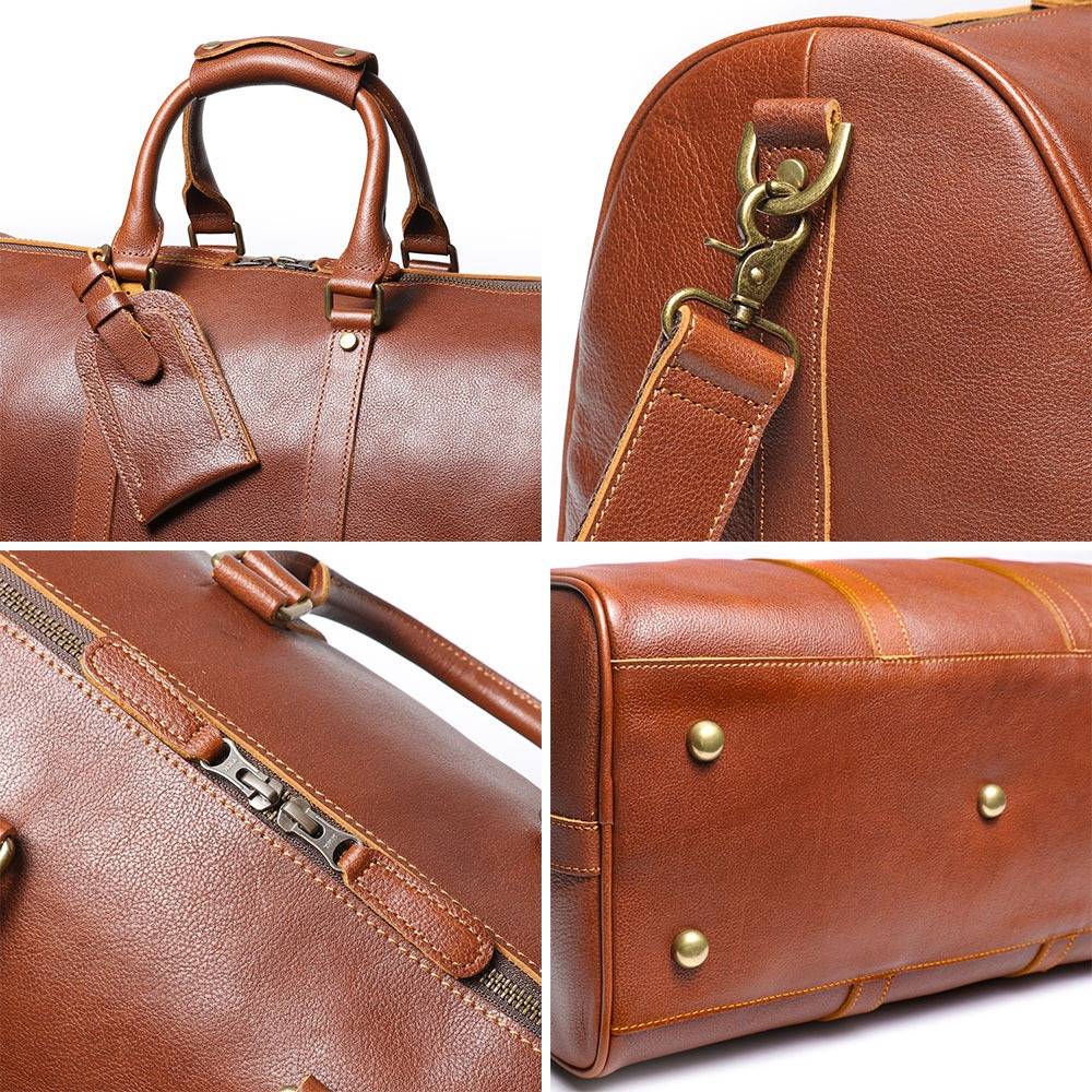Brown men's duffle bag, hardware detail
