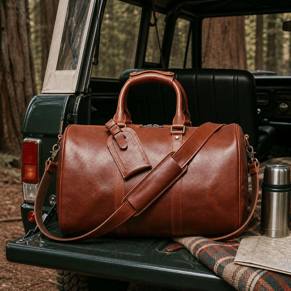 Brown men's duffle bag on a mountain dock