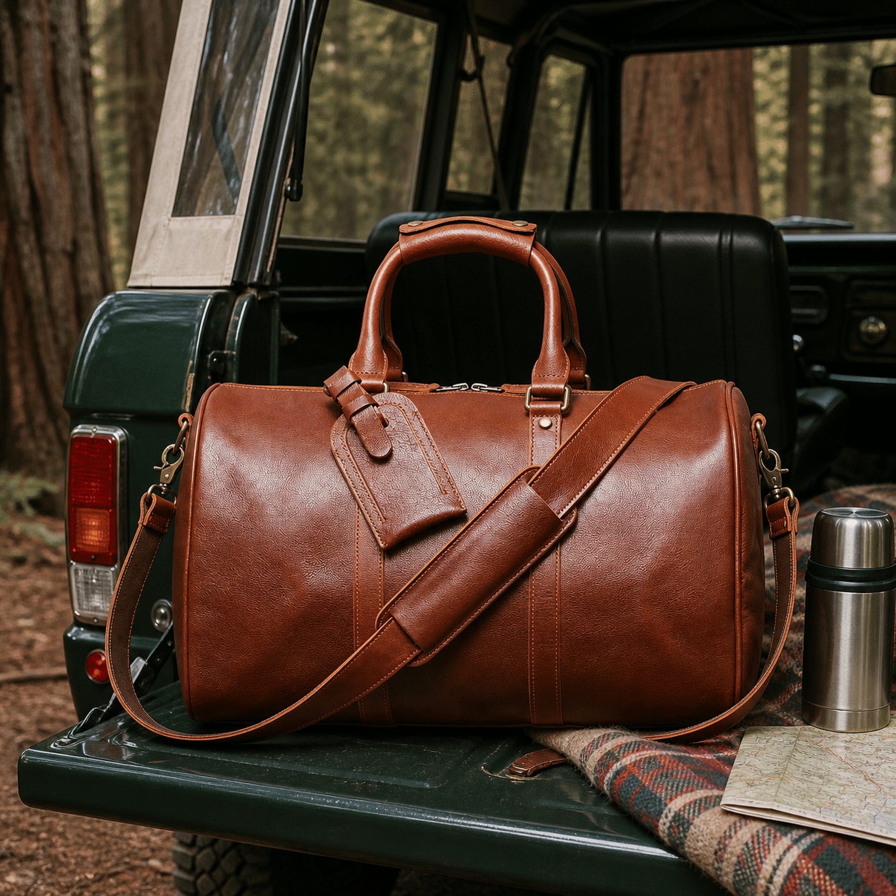 Brown men's duffle bag on a mountain dock