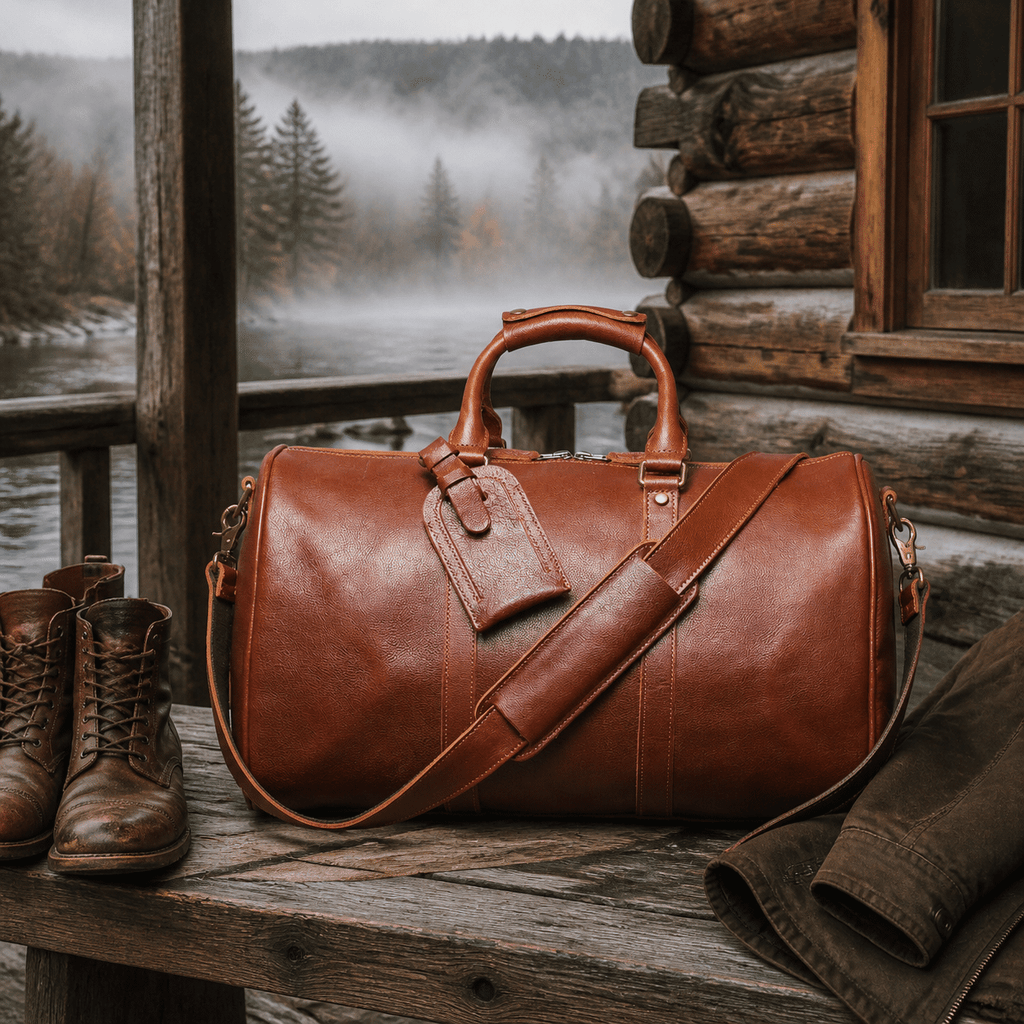 Brown men's duffle bag on a foggy cabin porch