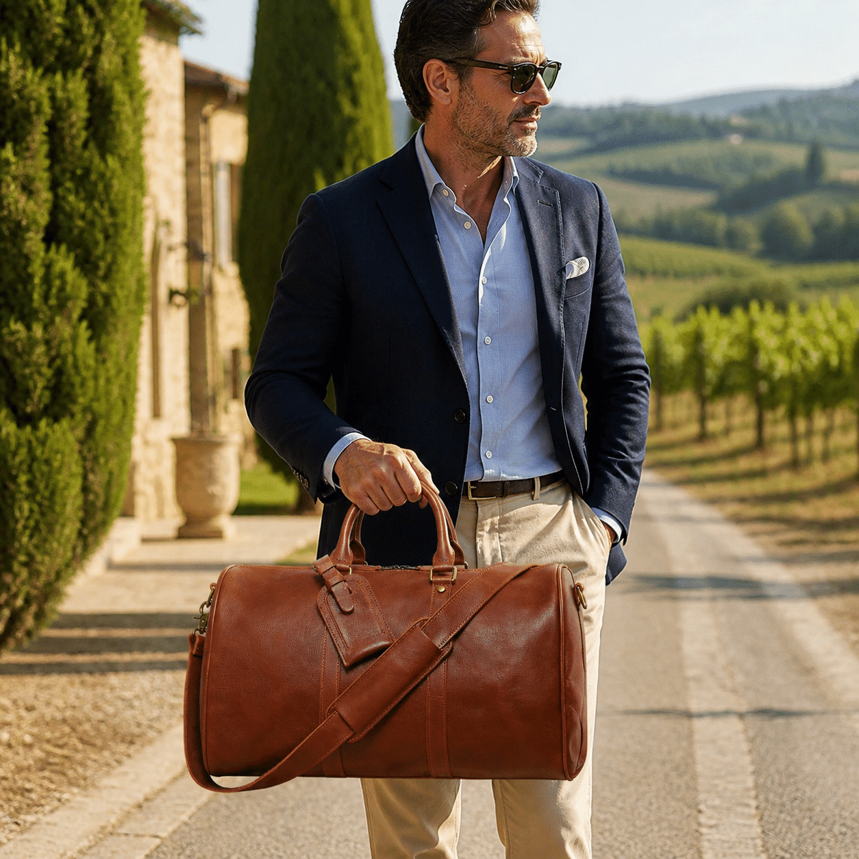 Brown men's duffle bag, lifestyle scene