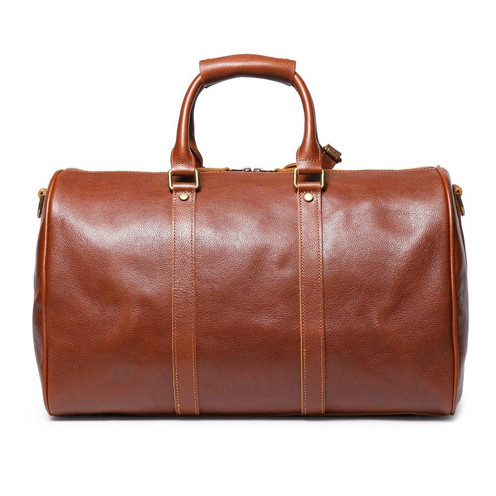 Brown men's duffle bag, side view