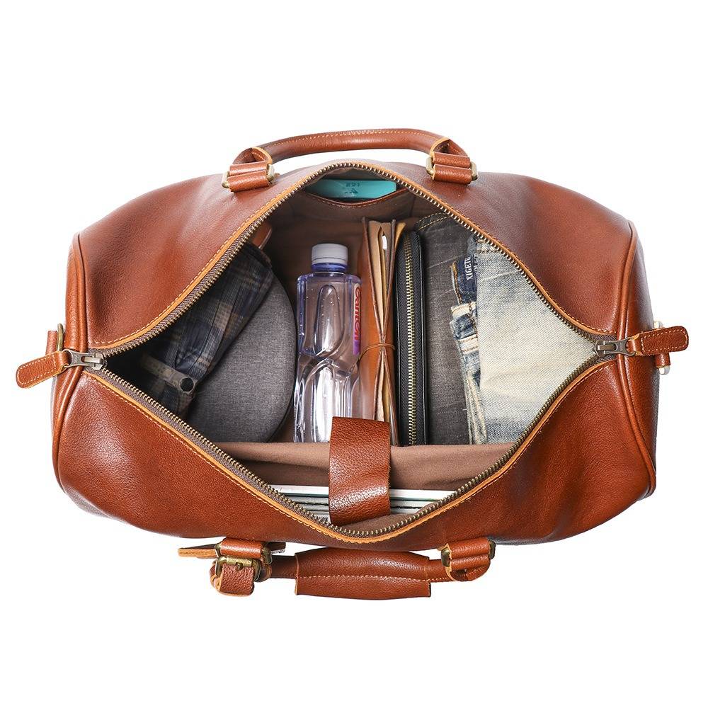 Brown men's duffle bag, strap detail