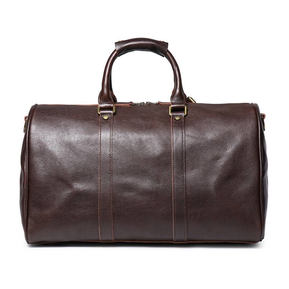 Dark brown men's duffle bag, side view