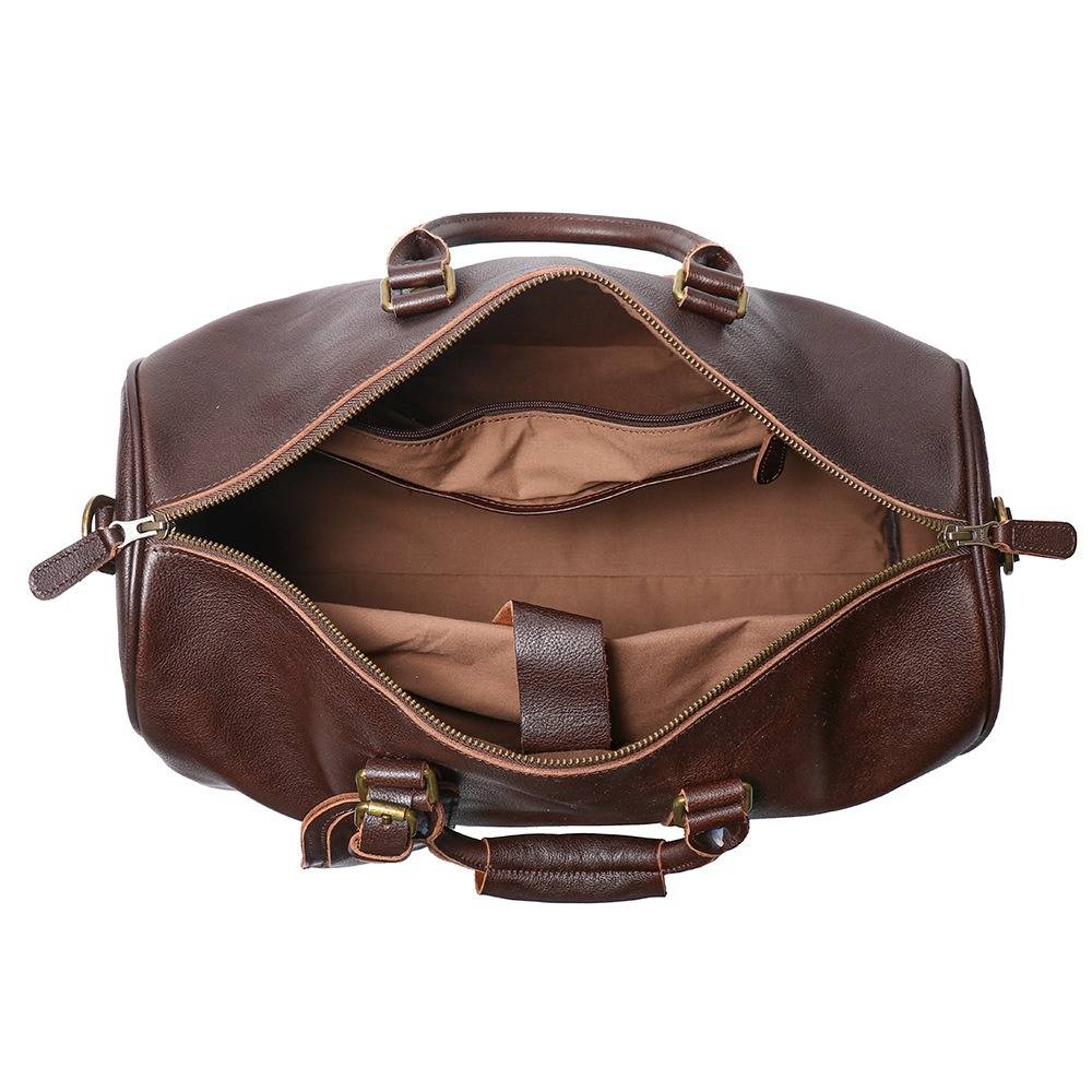 Dark brown men's duffle bag, back view