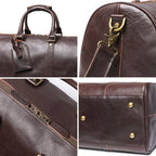 Dark brown men's duffle bag, flat lay