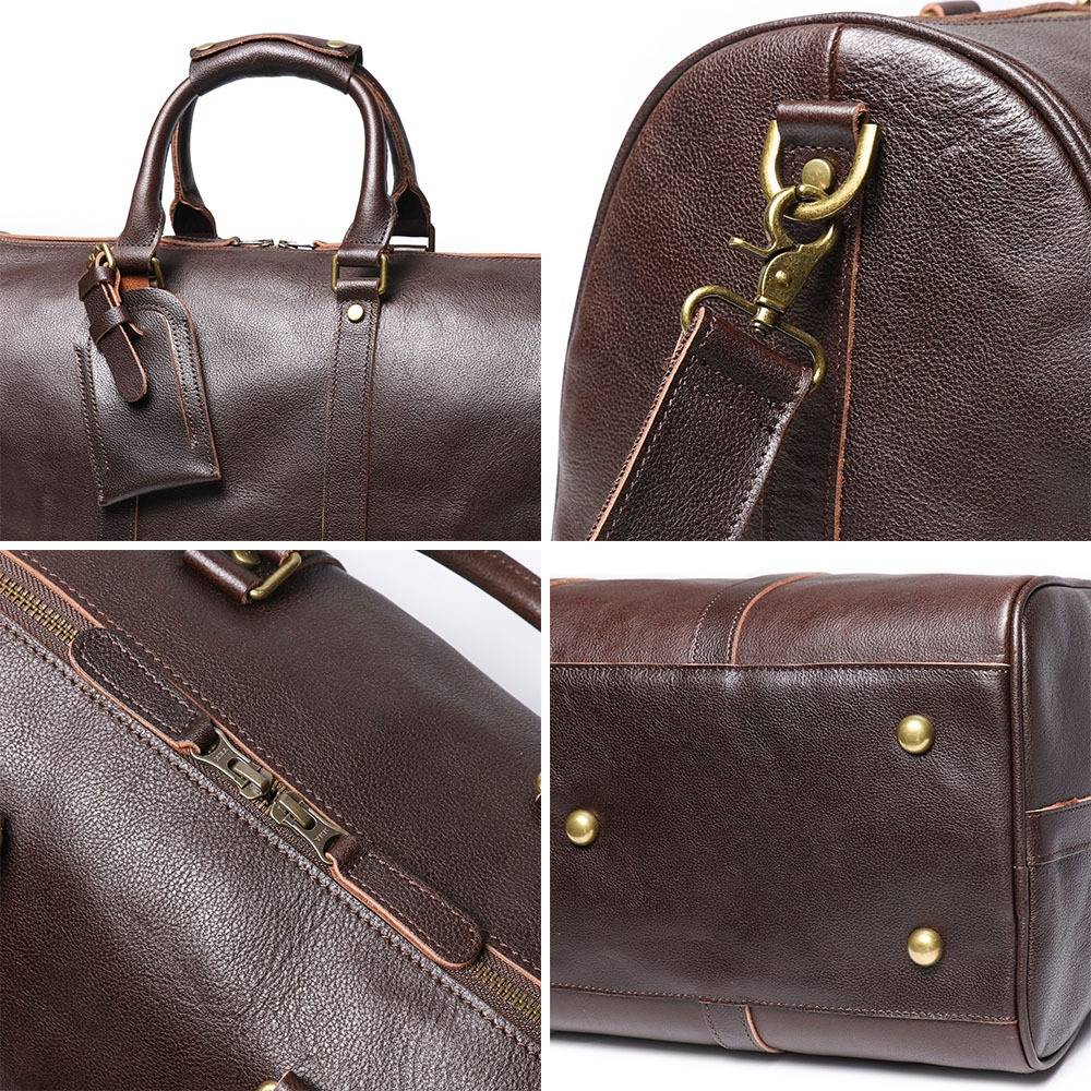 Dark brown men's duffle bag, flat lay