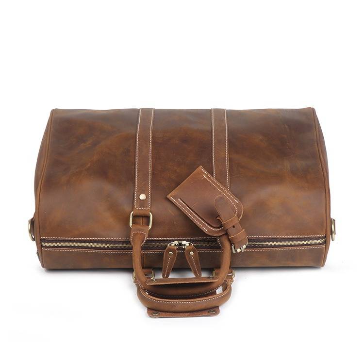 Vintage brown men's duffle bag, interior view