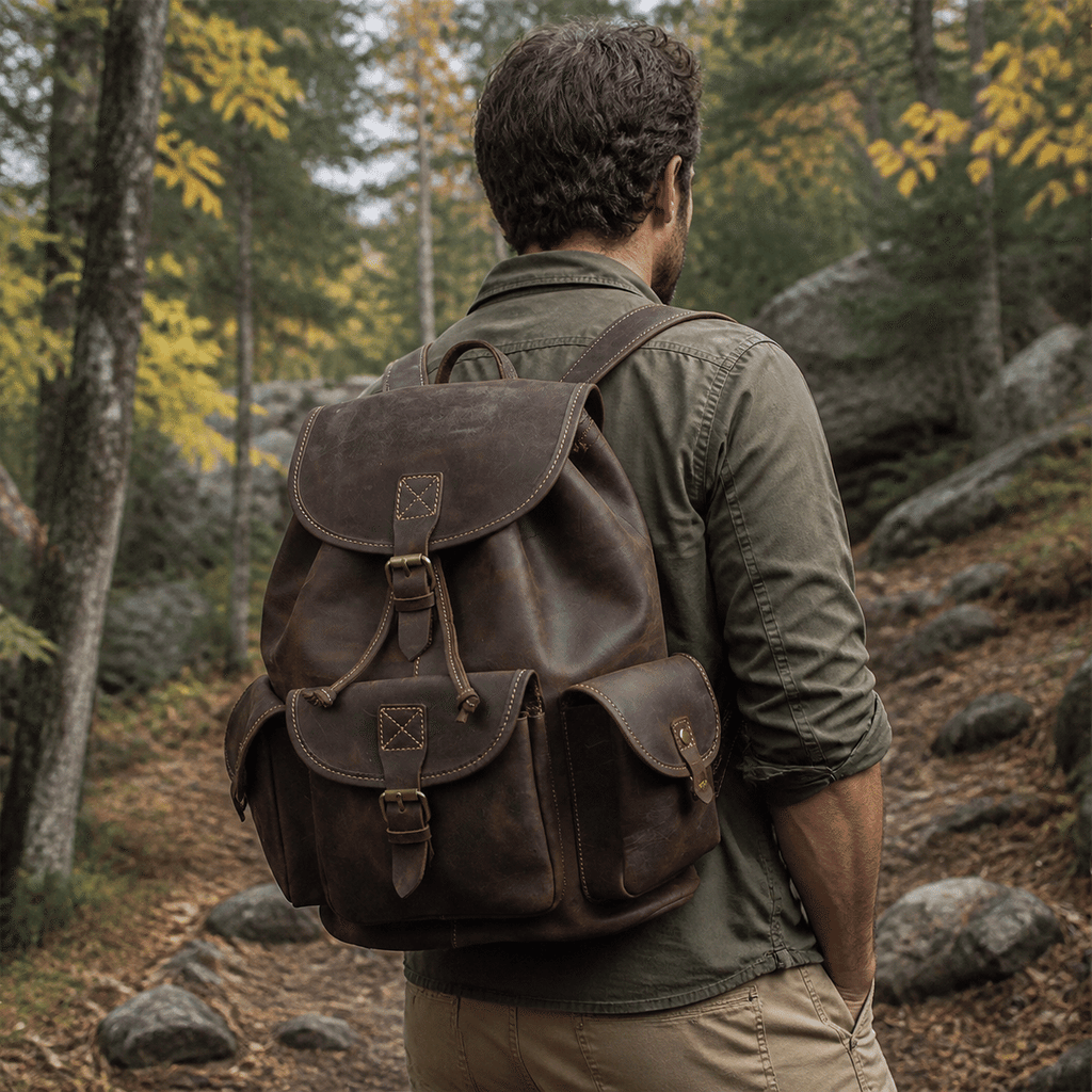 Vintage dark brown men's leather travel backpack