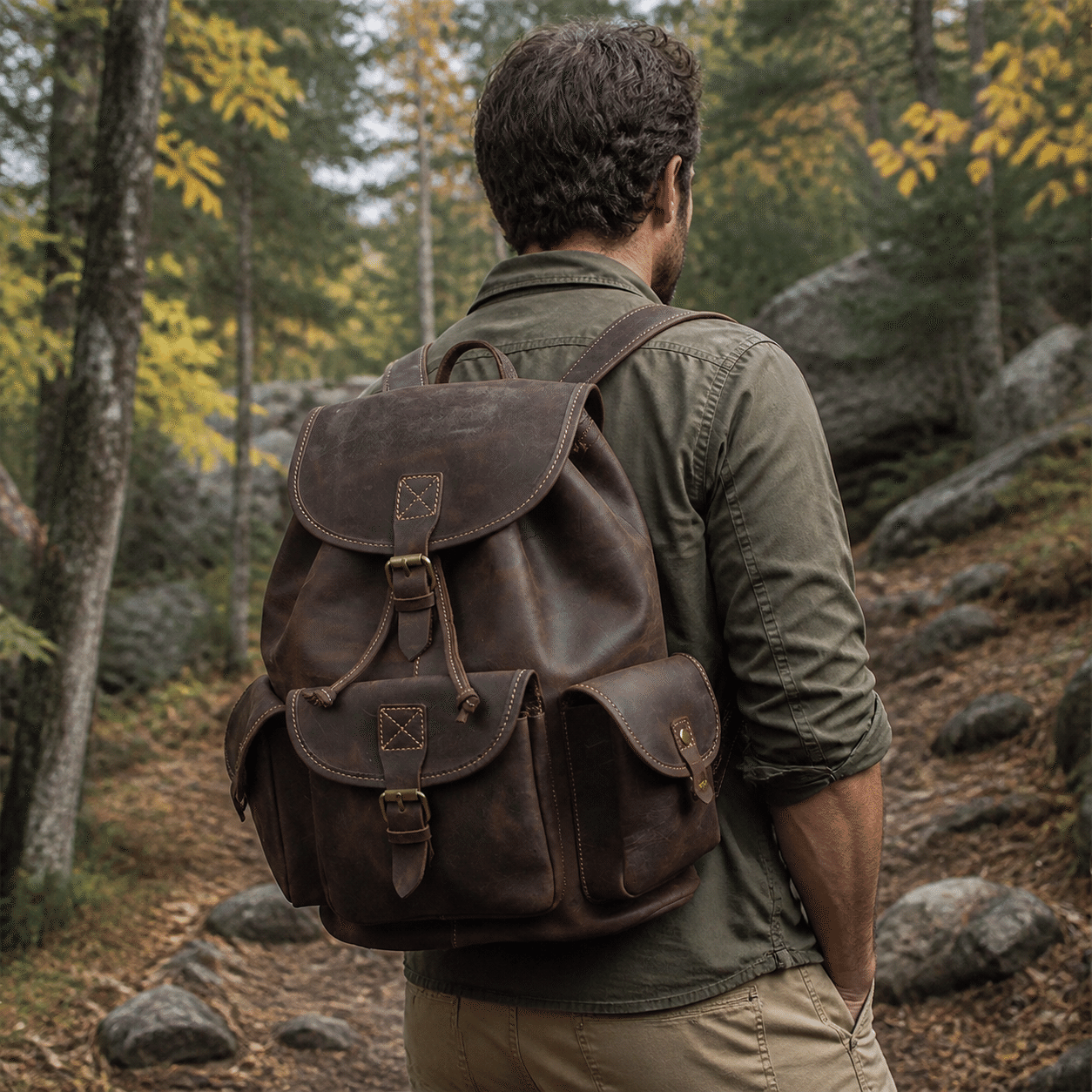 Vintage dark brown men's leather travel backpack