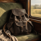 Dark brown men's travel backpack, interior view