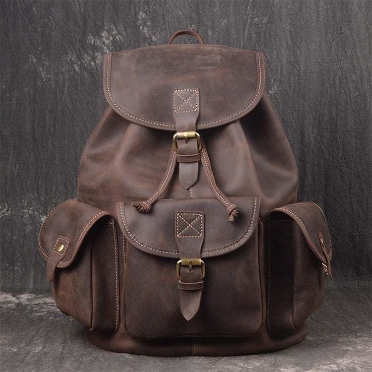 Dark brown men's travel backpack, drawstring detail