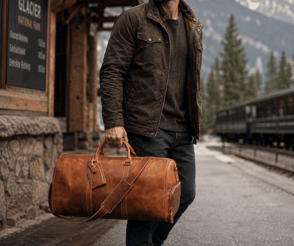 Brown men's travel bag, interior view