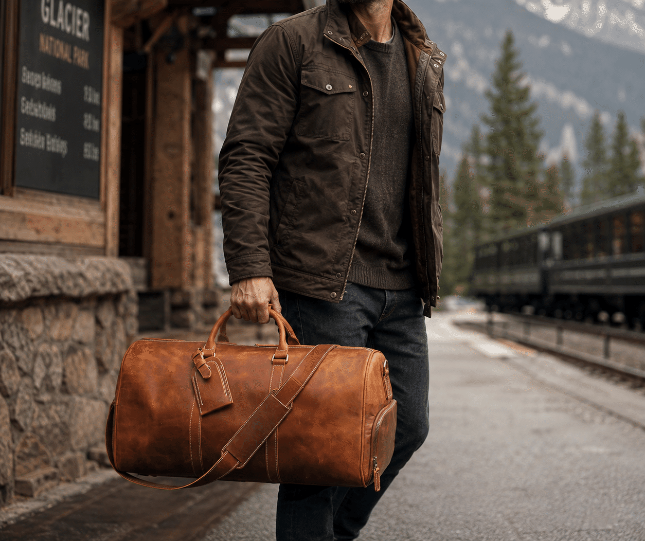 Brown men's travel bag, interior view