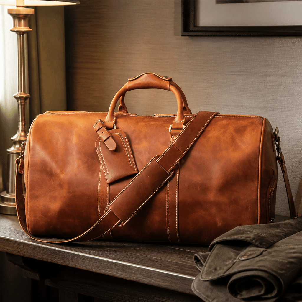 Brown men's travel bag, another angle