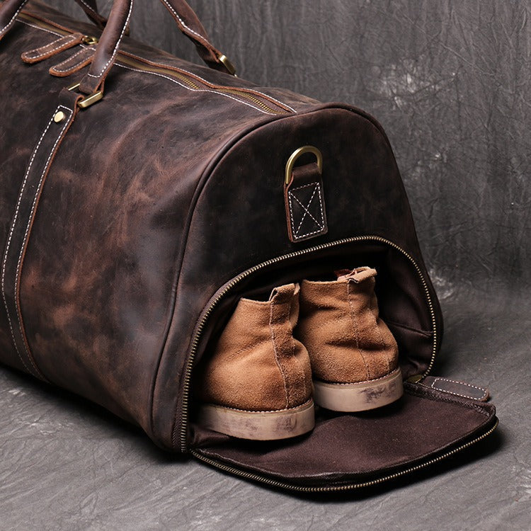 Dark brown men's travel bag, side view