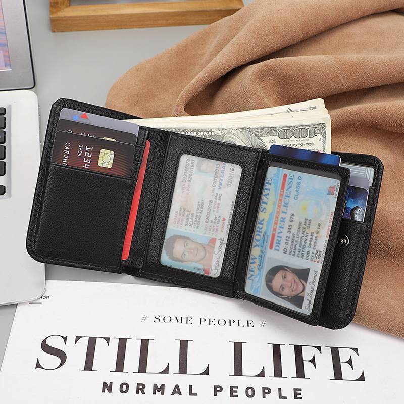 Black men's trifold wallet with button coin pocket