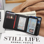 Black men's trifold wallet with button coin pocket