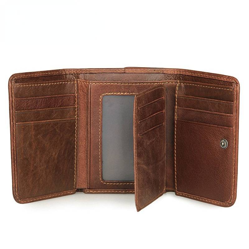Brown men's trifold wallet, closed view