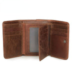 Brown men's trifold wallet, closed view