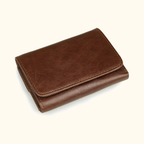 Brown men's trifold wallet, flat lay