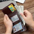 Dark brown men's trifold wallet with button coin pocket