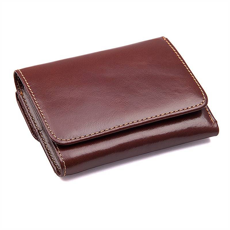 Red brown men's trifold wallet with button coin pocket