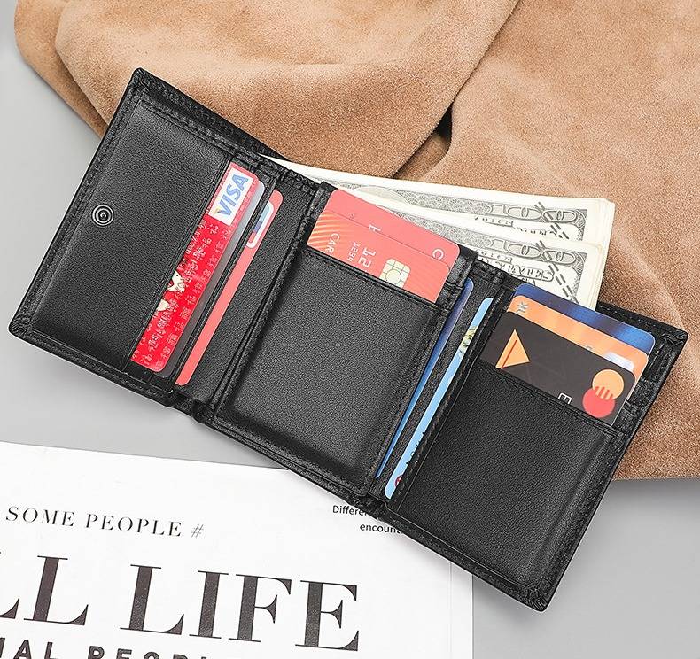 Black men's trifold wallet, side view