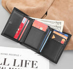 Black men's trifold wallet, side view