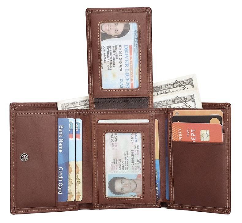 Brown men's trifold wallet, interior view