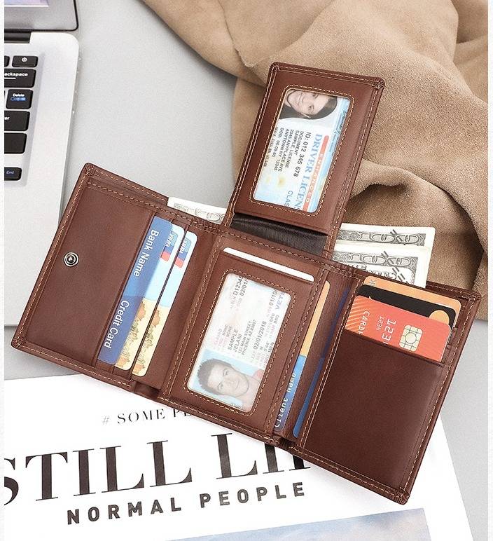 Brown men's trifold wallet, closed view