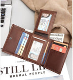 Brown men's trifold wallet, closed view
