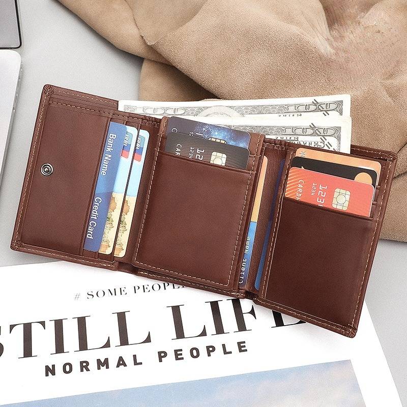 Brown men's trifold wallet, side view