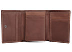 Brown men's trifold wallet, flat lay