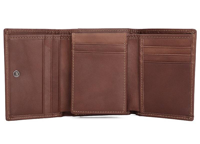 Brown men's trifold wallet, flat lay