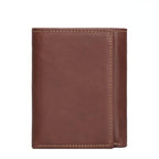 Man holding the brown trifold wallet
